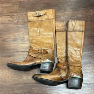 Arturo Chiang Brown Leather Boots with gold plate and buckle details